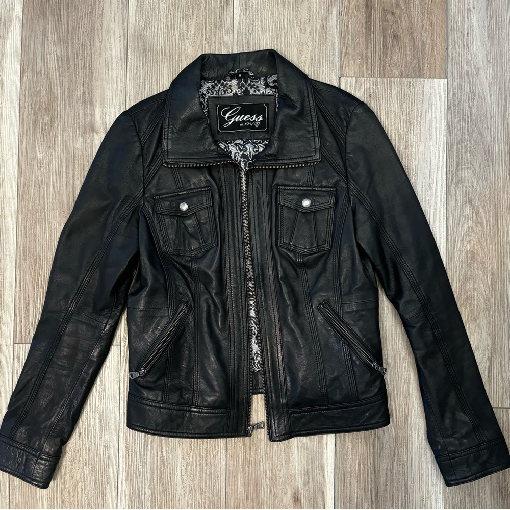 Guess Womens collared leather moto jacket, medium